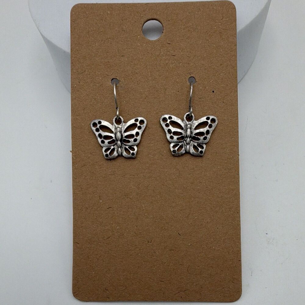 Silver Tone Butterfly Dangle Drop Earrings Hook Closure No Stone